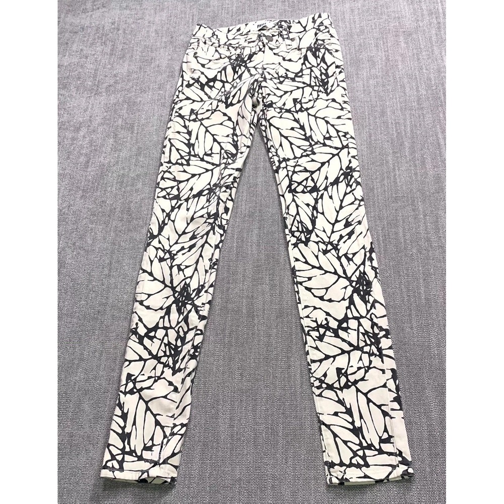 Paige Skinny Ankle Jeans Womens 26 White Black Denim Leaf Print Cotton Made USA